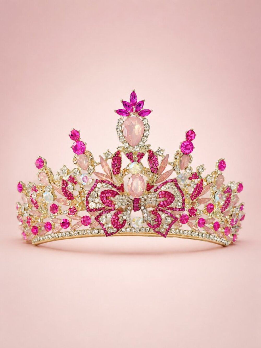 Pink Butterfly Tiara, Gold Crystal Crown for Wedding, Prom & Pageant Headpiece